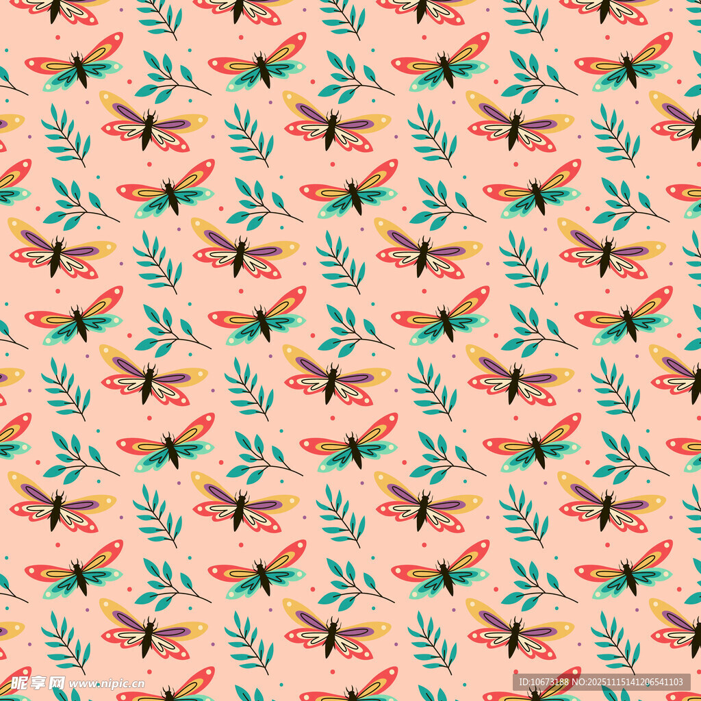 粉色背景蜻蜓花卉图案