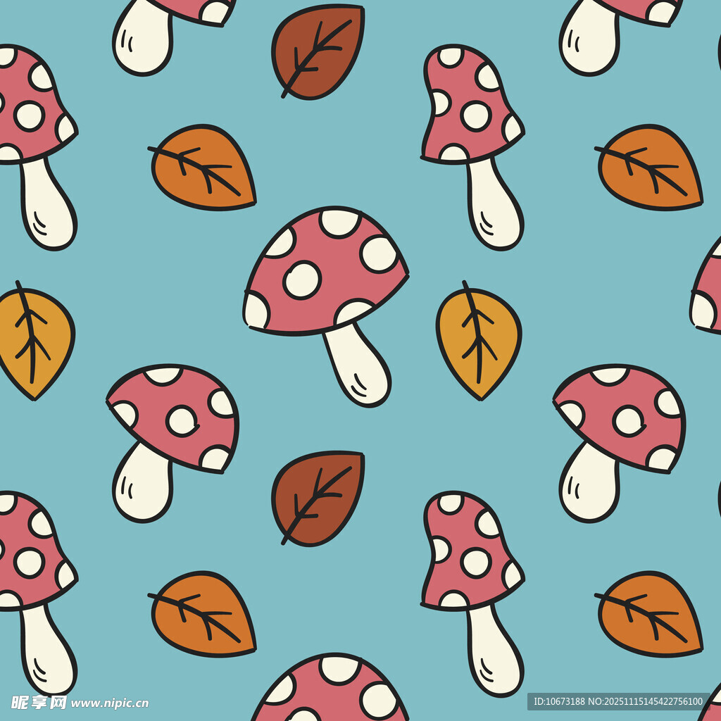 蘑菇与秋叶的清新图案