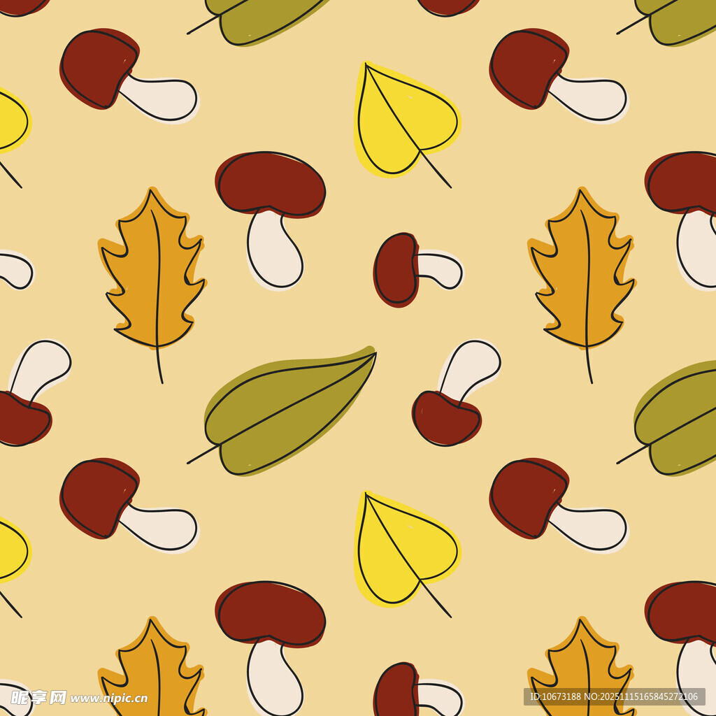 秋季蘑菇树叶无缝图案