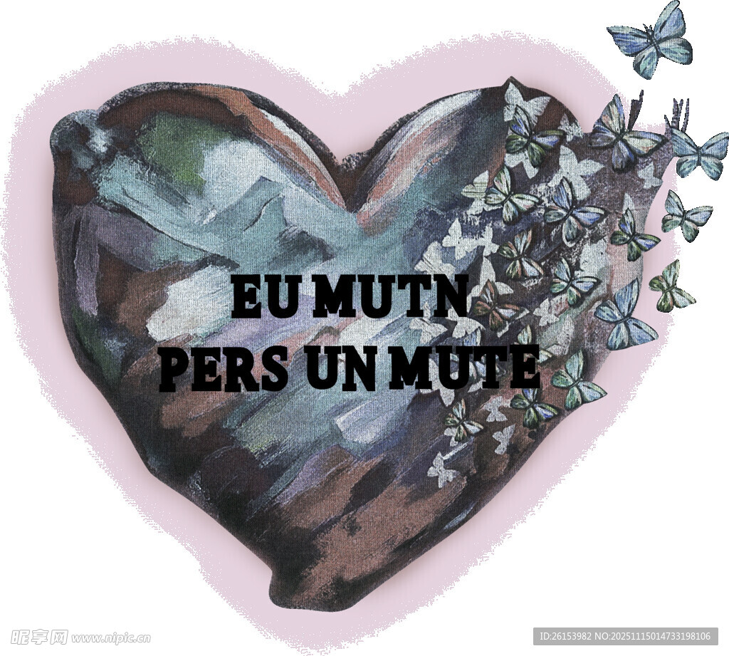 心形图案上的文字与蝴蝶白墨 直