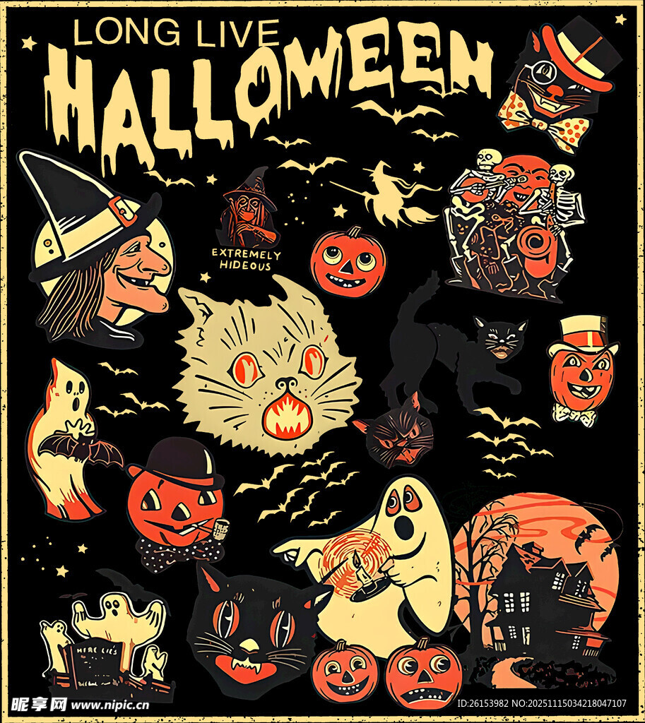 万圣节主题插画图案设计 白墨 