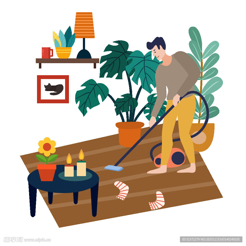 男子用吸尘器清洁杂乱房间