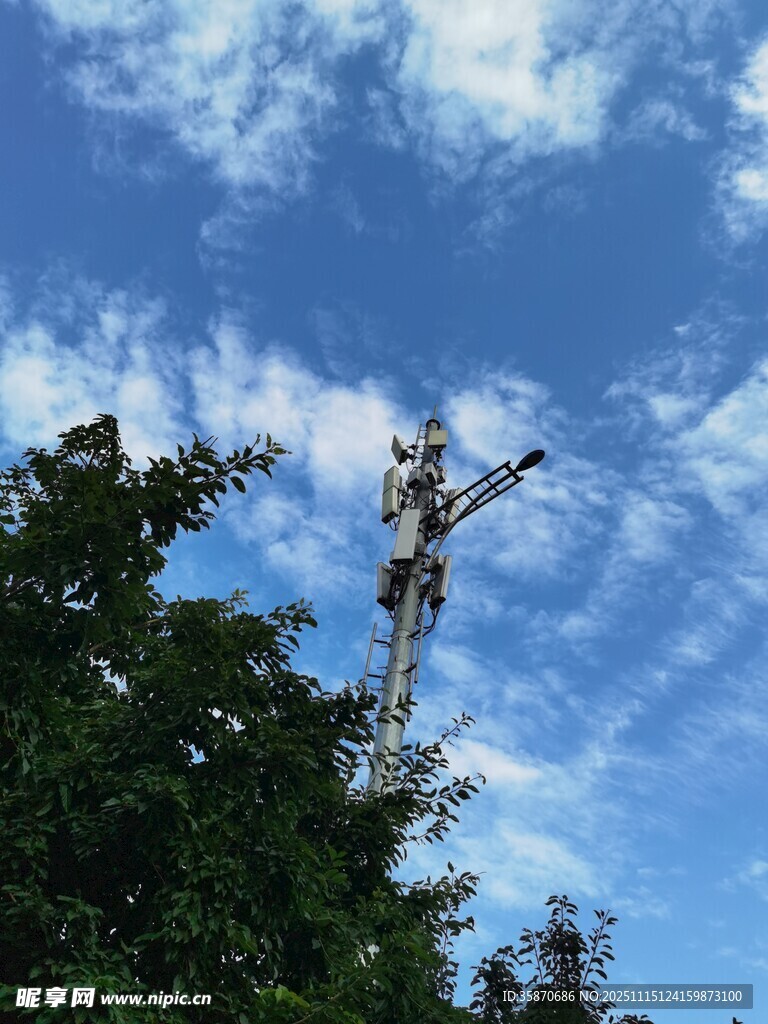 蓝天绿树间的通信铁塔