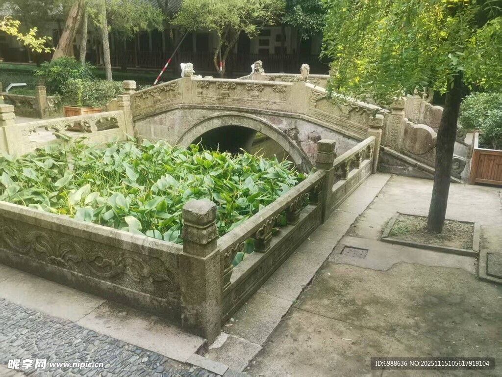 中式庭院中的石桥与荷塘