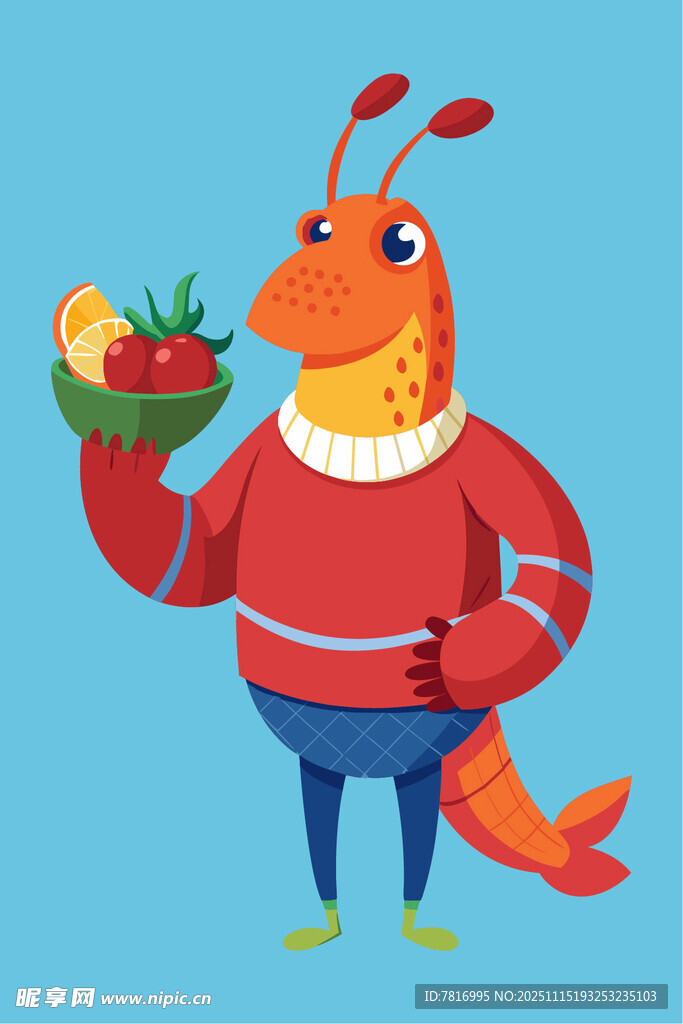 穿毛衣的虾大厨端蔬果