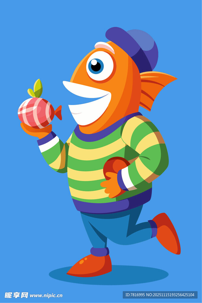 卡通狐狸持苹果欢快奔跑