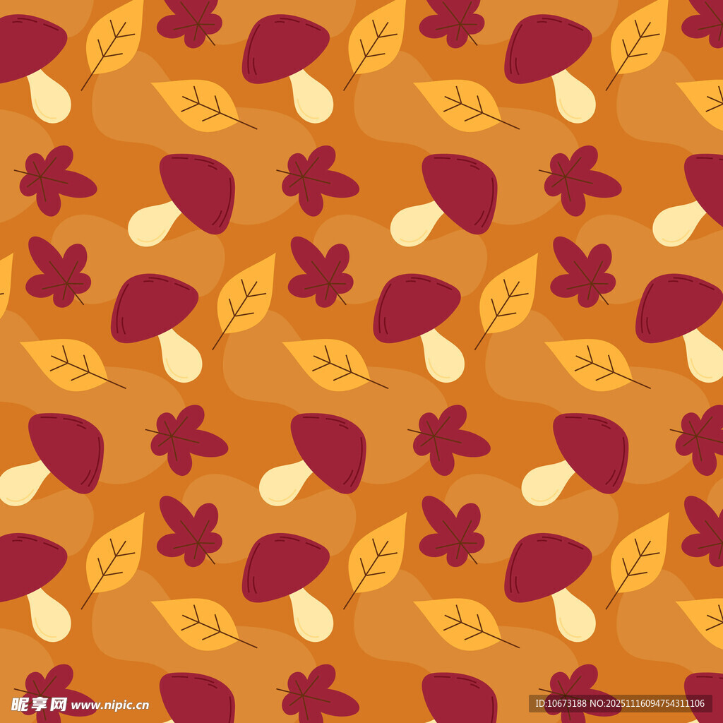 秋季蘑菇树叶无缝图案