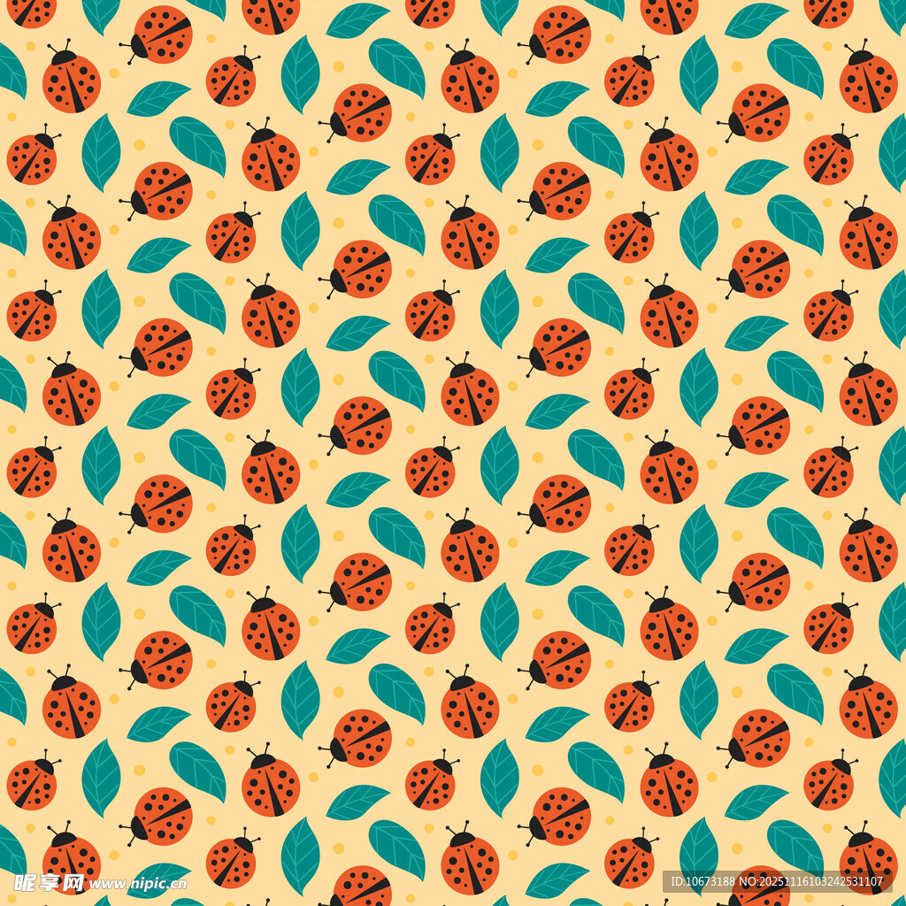 树叶瓢虫图案的可爱背景