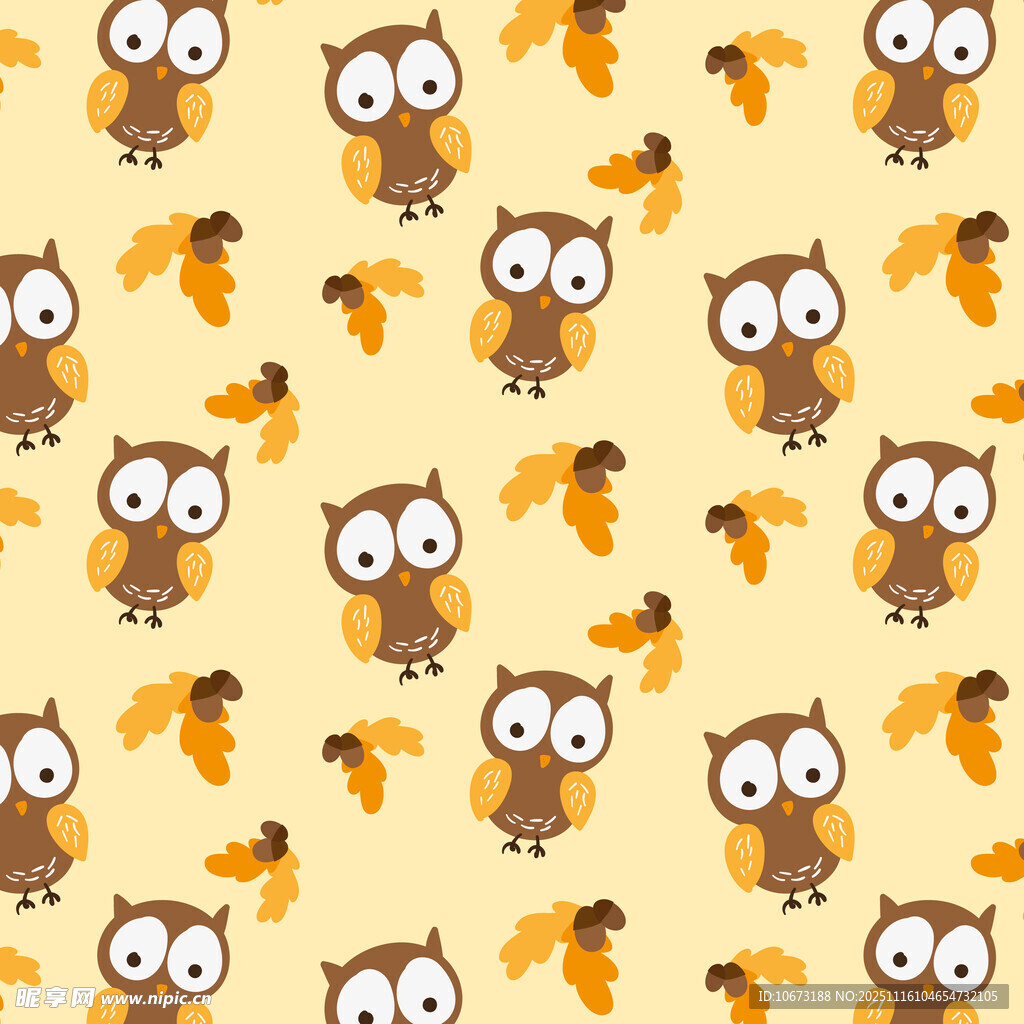可爱猫头鹰与秋叶无缝图案