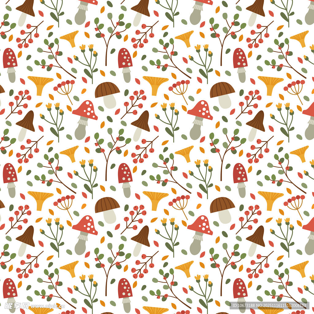 蘑菇浆果花卉无缝图案