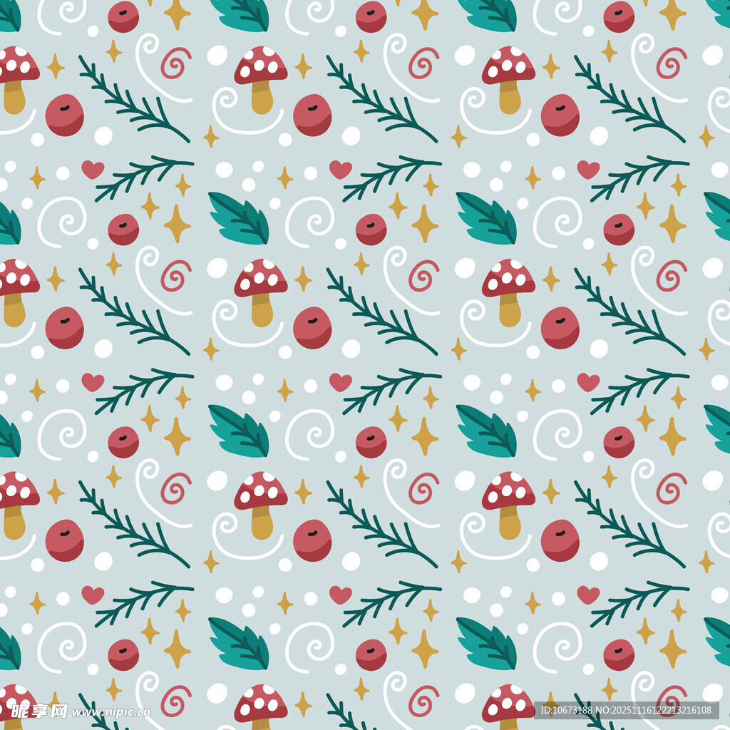 蘑菇树叶图案的清新背景