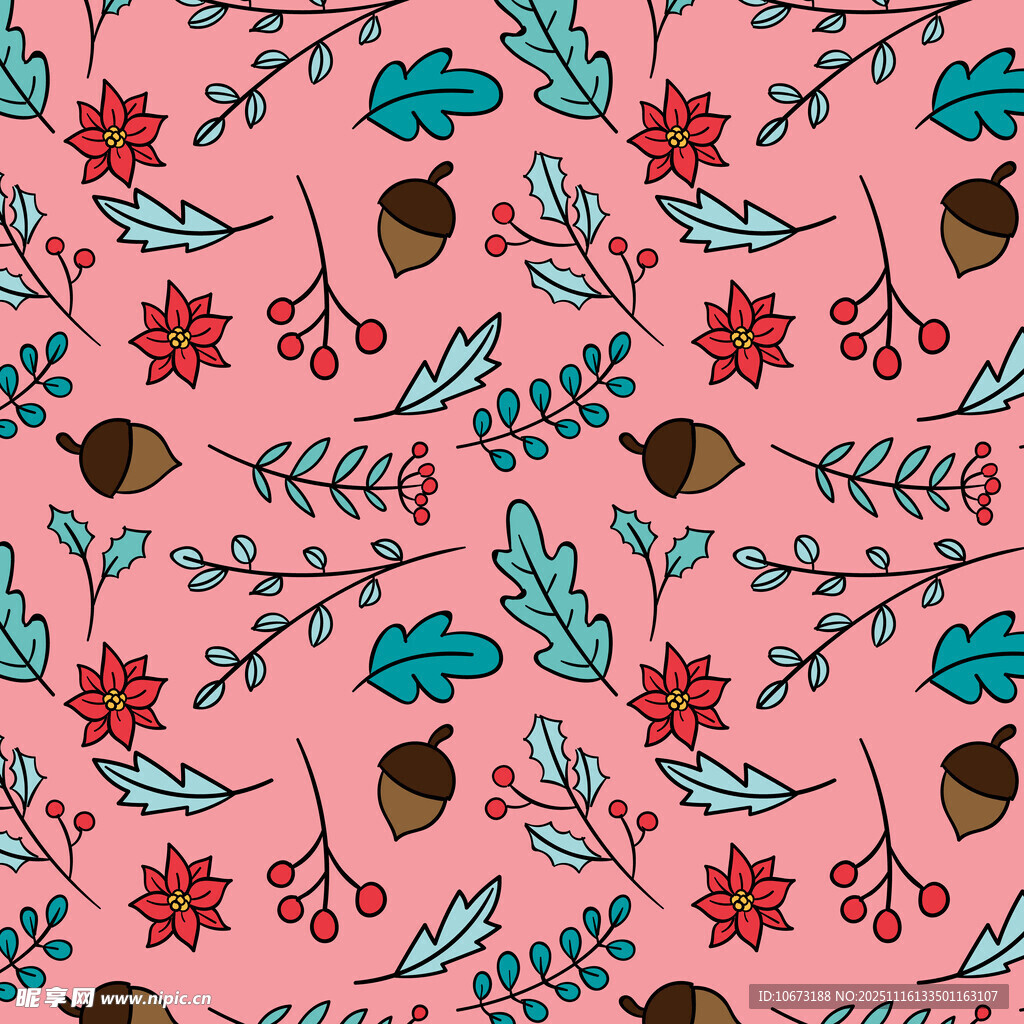 粉色背景的橡果花卉图案