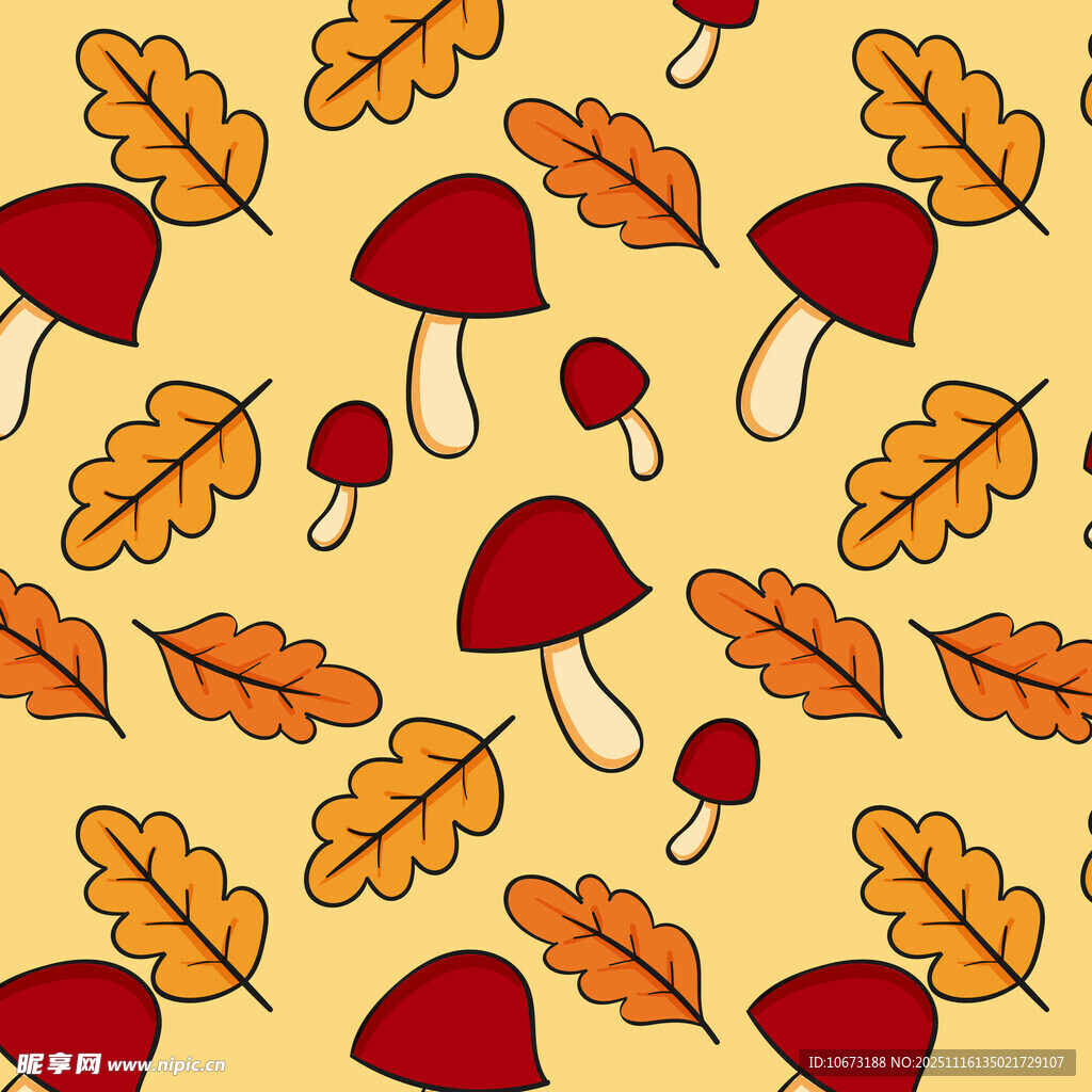 秋季蘑菇与落叶图案背景