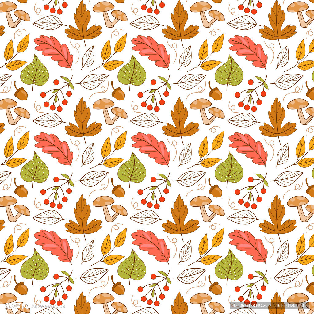 秋季树叶花卉无缝图案