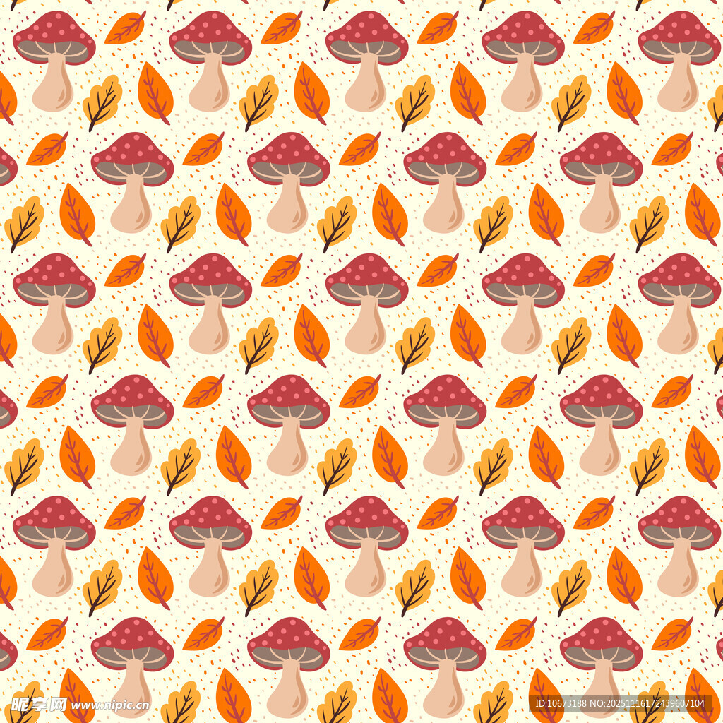 蘑菇与秋叶的无缝图案
