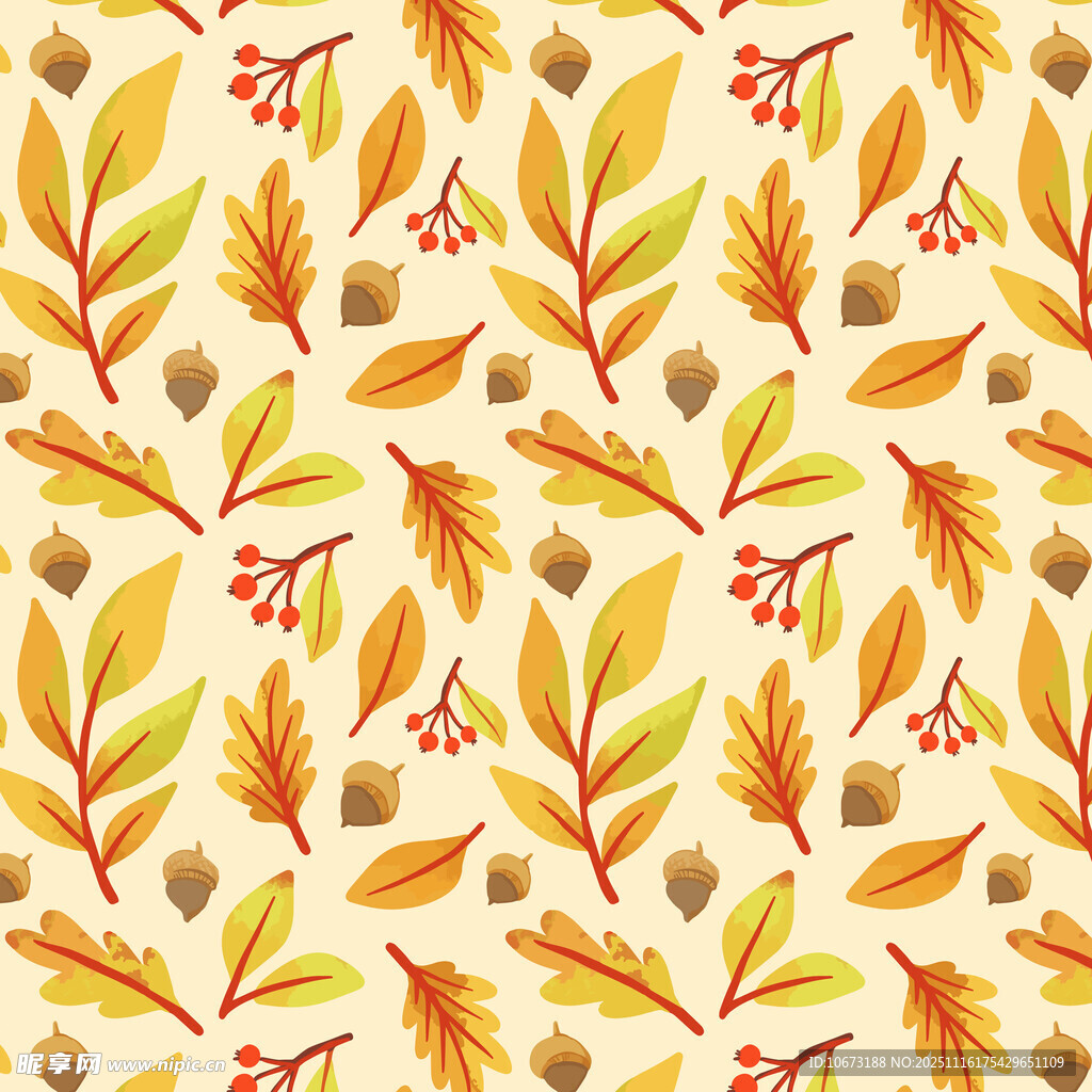 秋季树叶浆果无缝图案背景