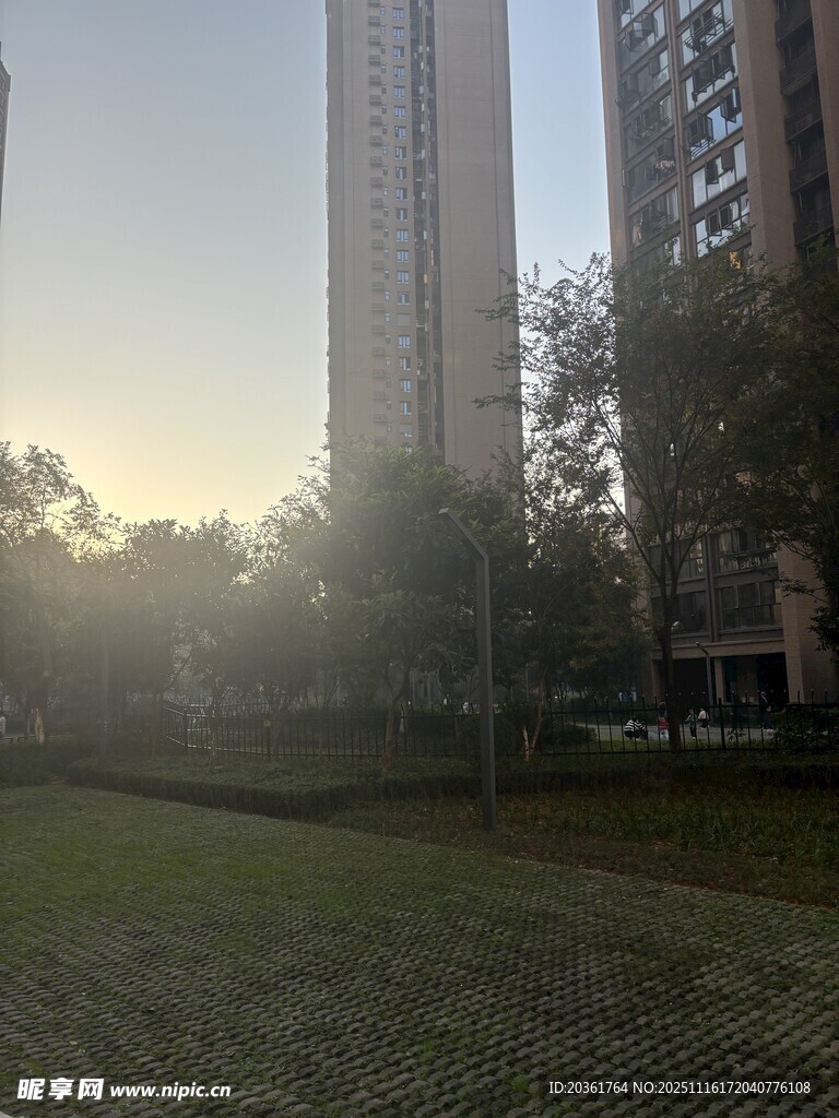 清晨小区绿地与高楼景观