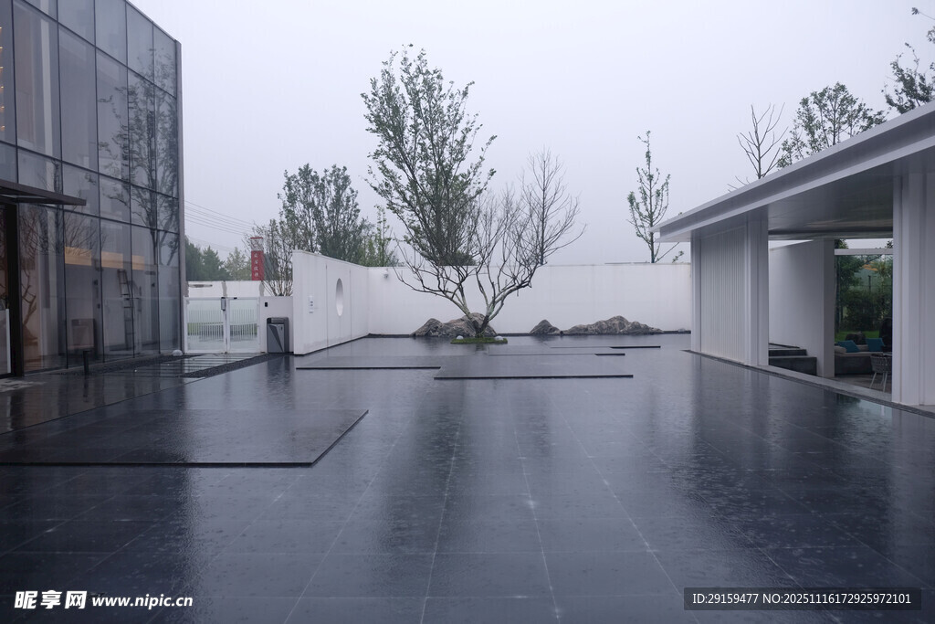 雨中现代庭院景观