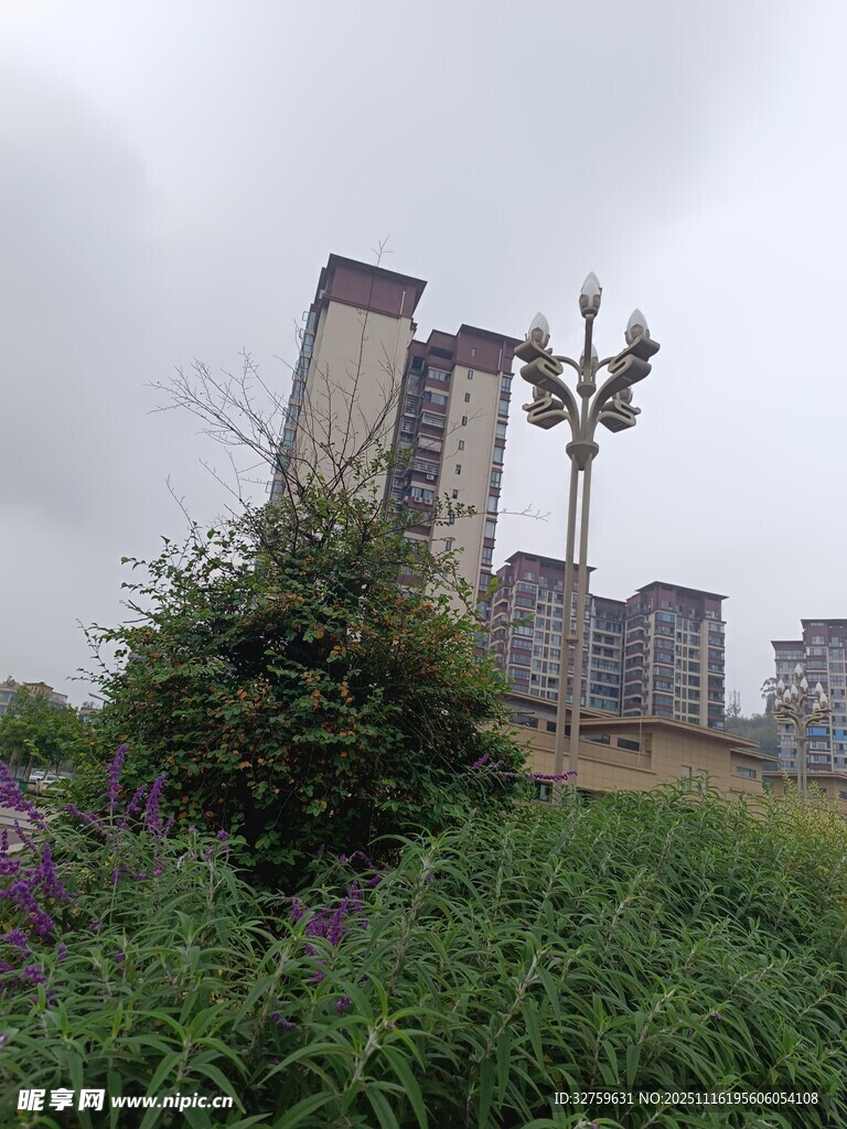 城市旁绿植中的独特雕塑