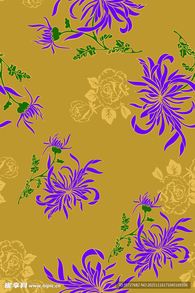 金色底紫色花卉图案