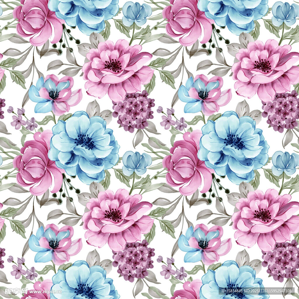 蓝花 粉花花卉 图案