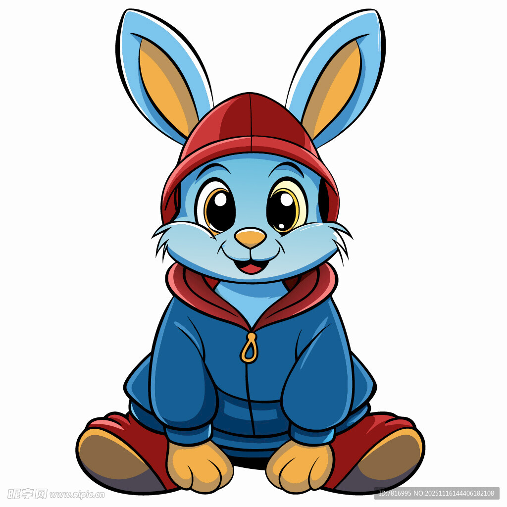 坐着的蓝衣红帽卡通兔子