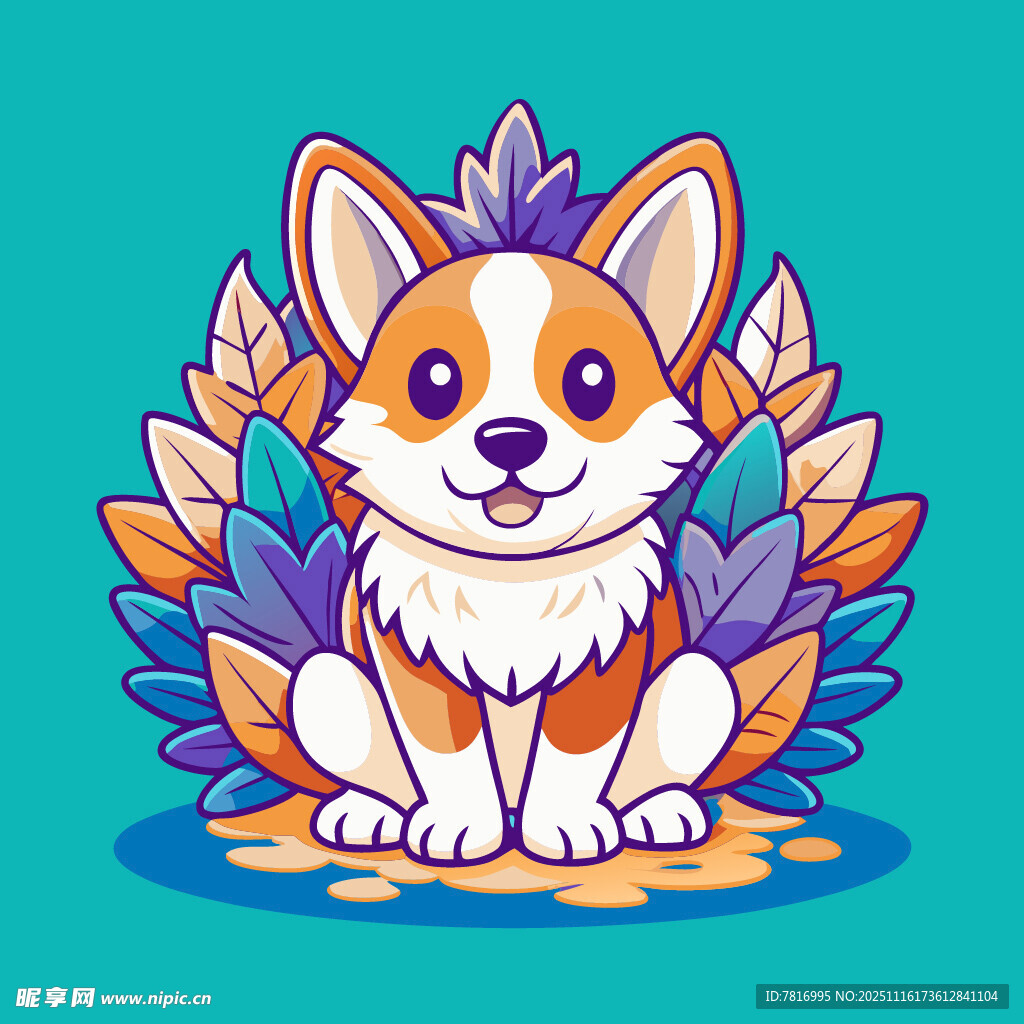 可爱柯基被多彩叶子环绕