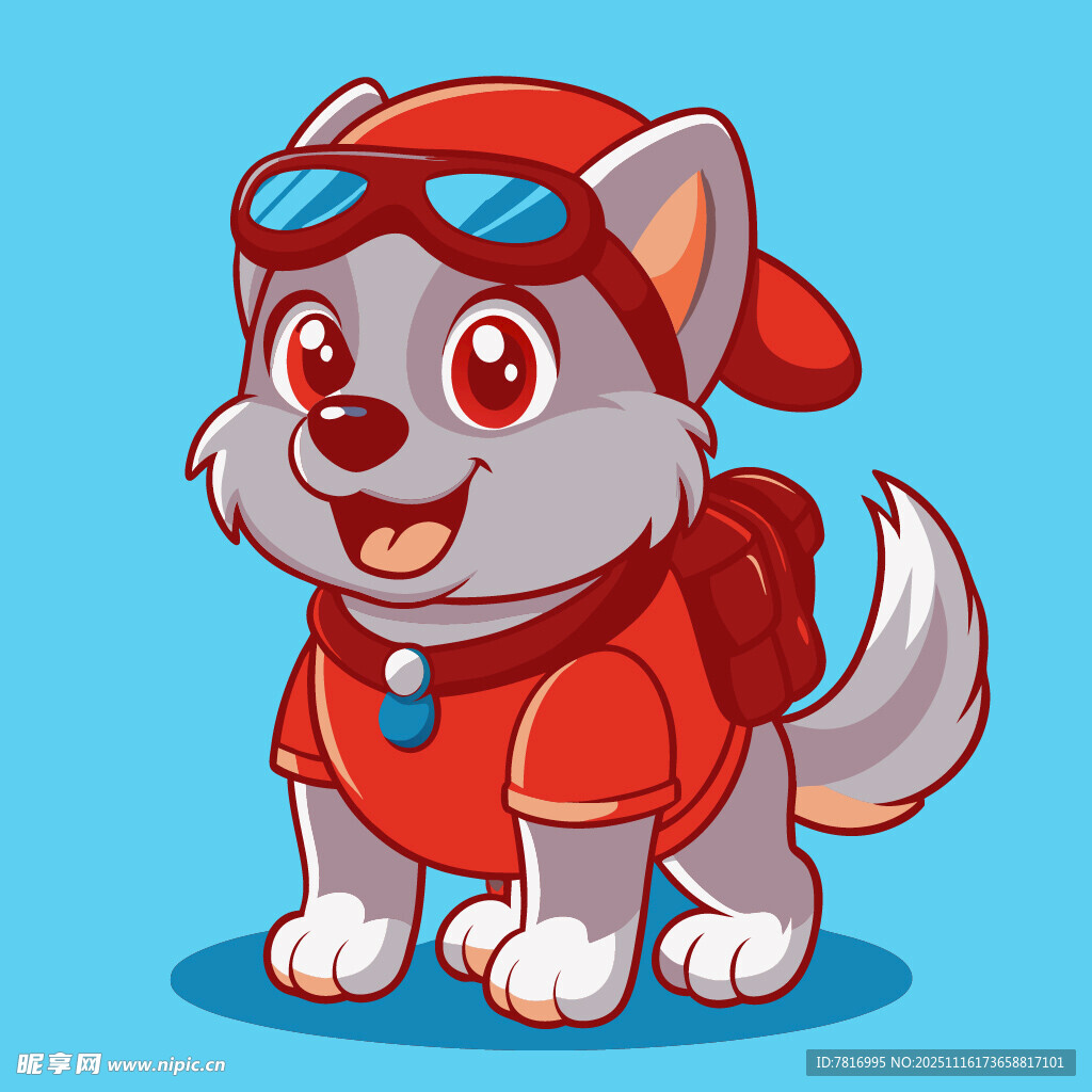 戴帽背袋的可爱卡通小狗