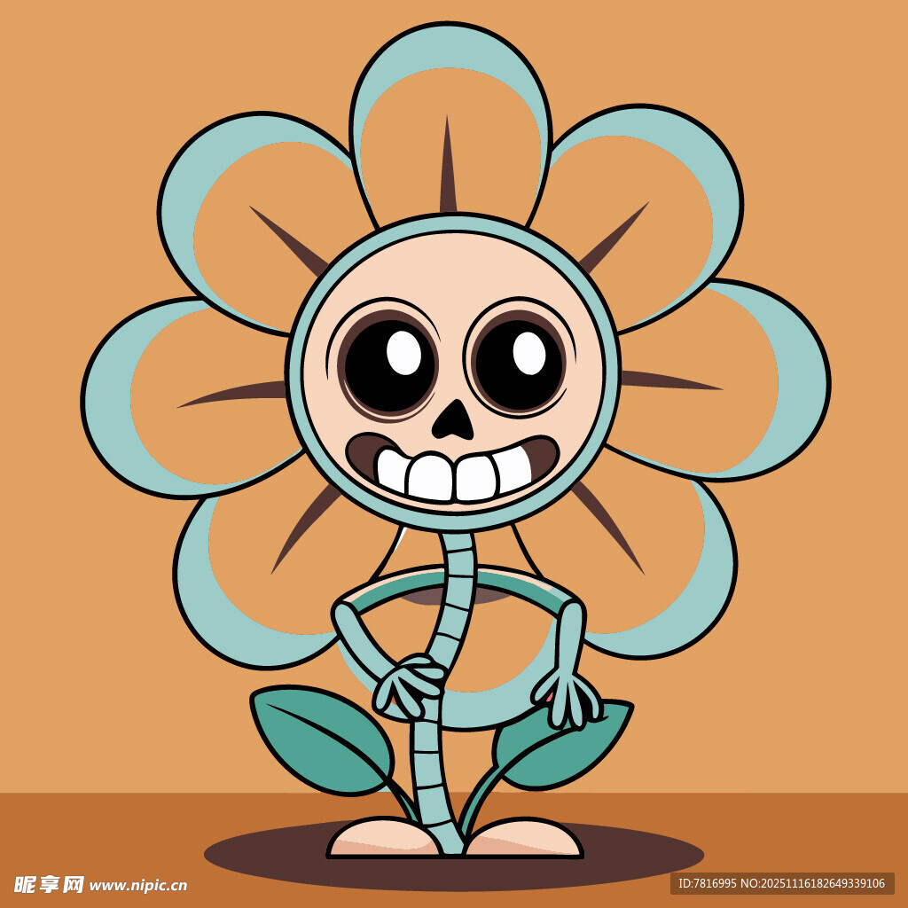 卡通骷髅花朵形象插画