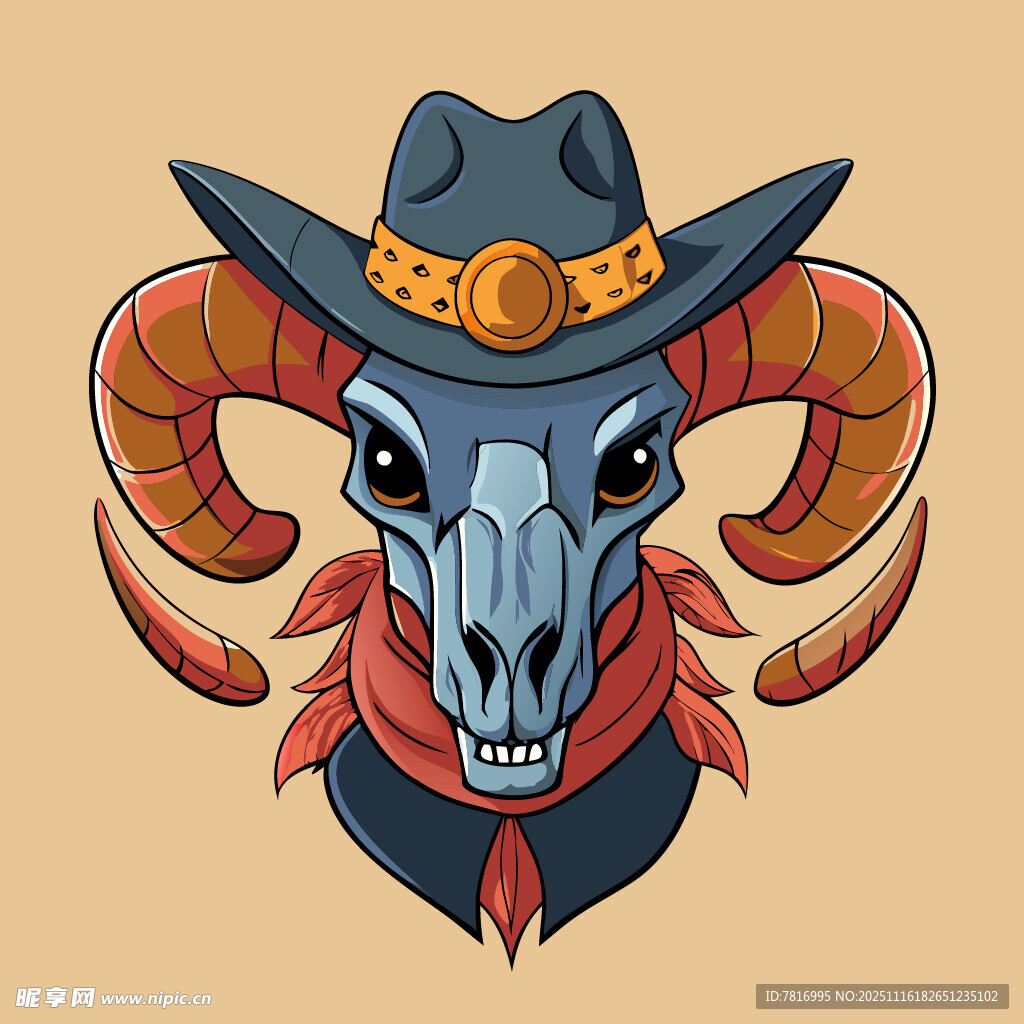 牛仔风格的公羊骷髅头形象