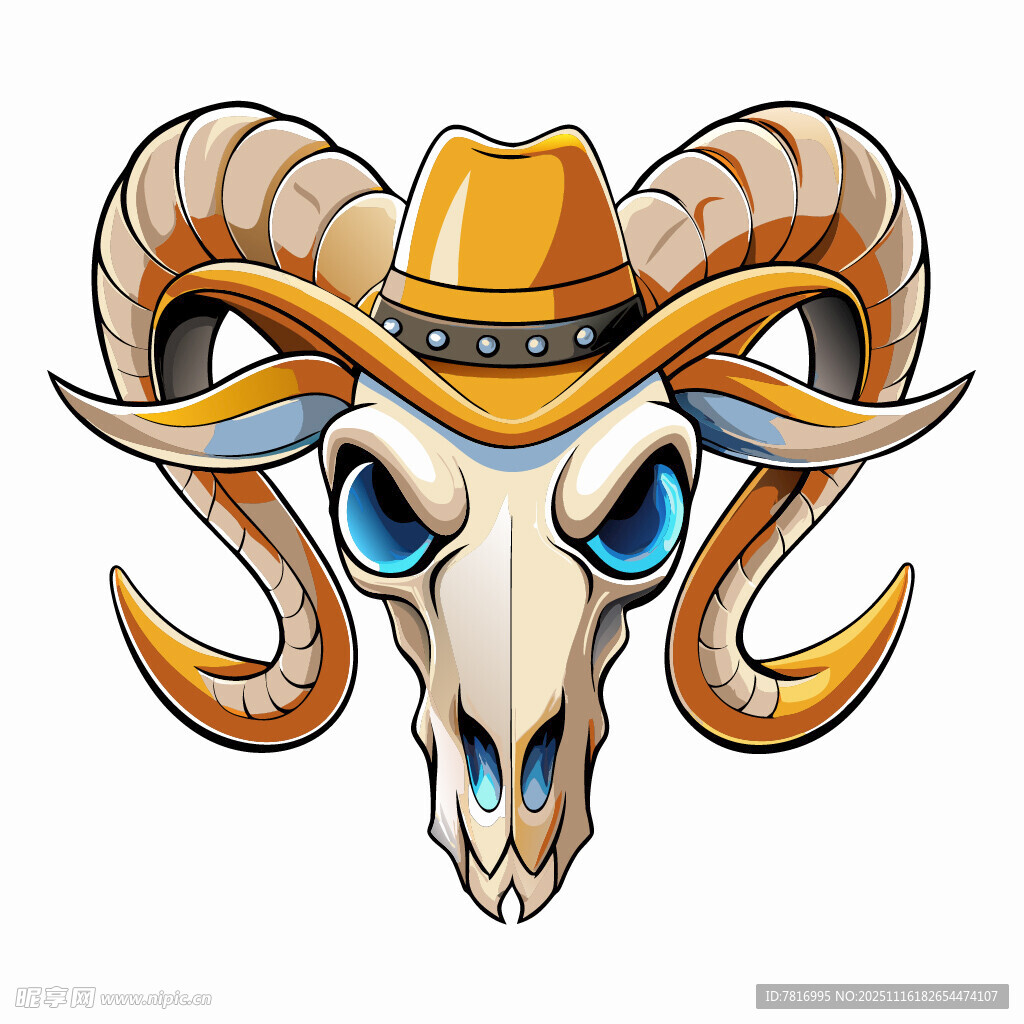 牛仔风格公羊头骨插画