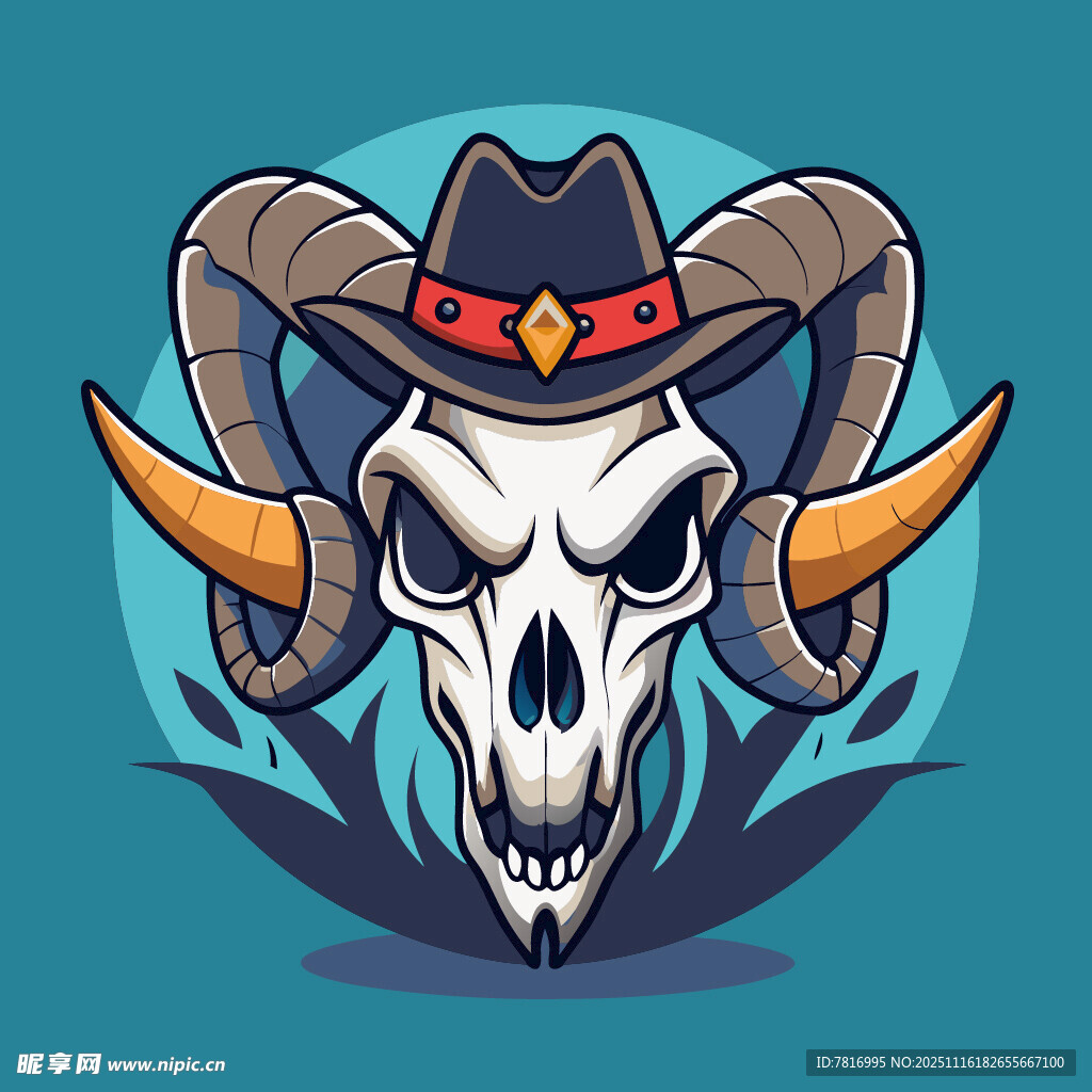 骷髅公羊牛仔帽插画形象