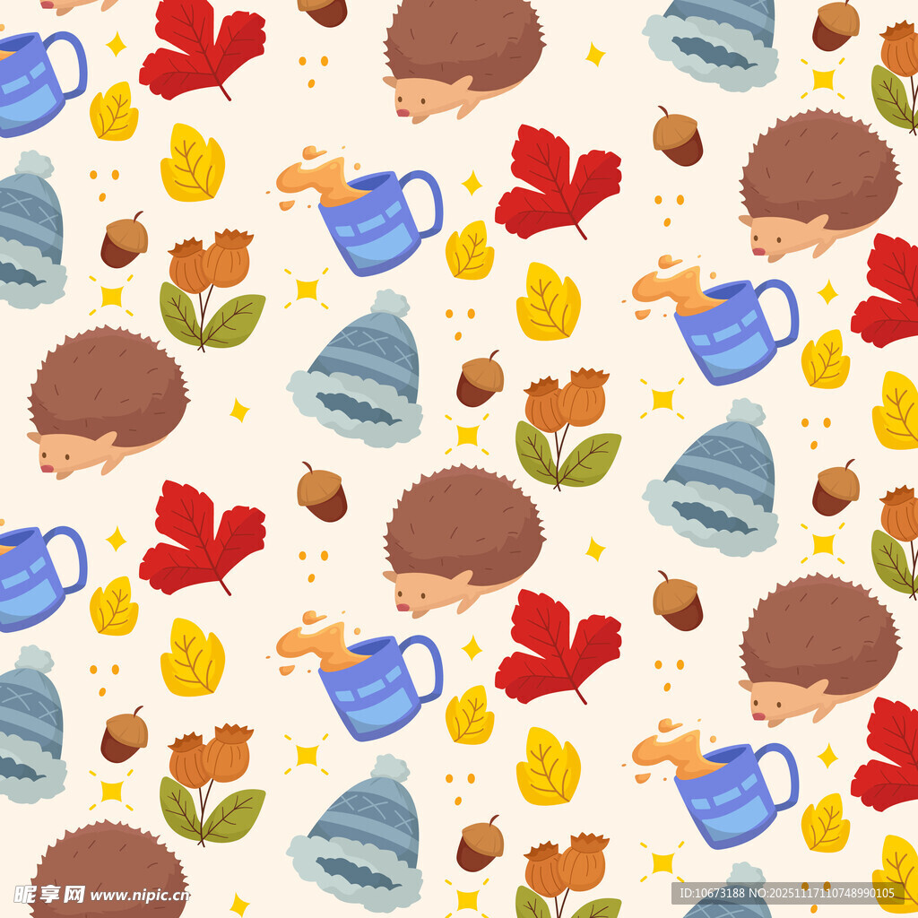 秋日萌趣刺猬与元素图案