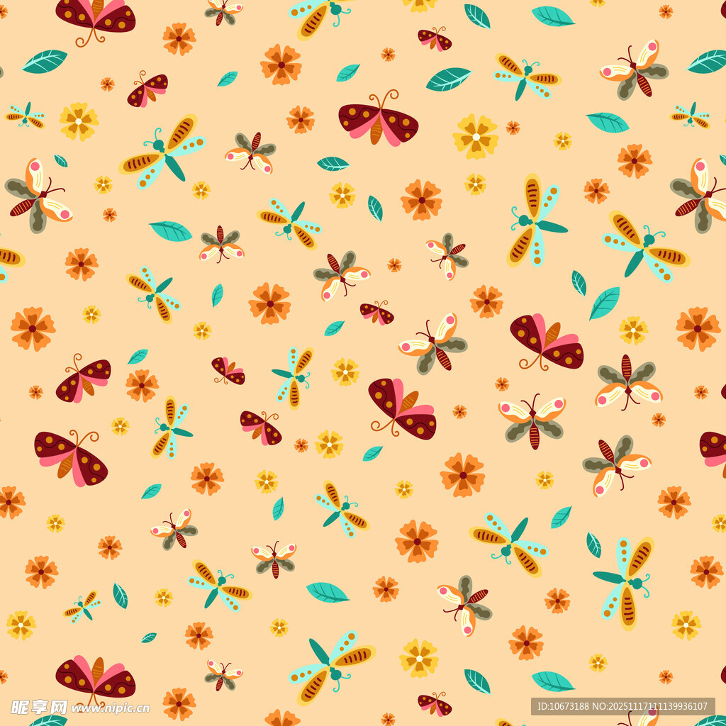 多彩昆虫花卉图案背景