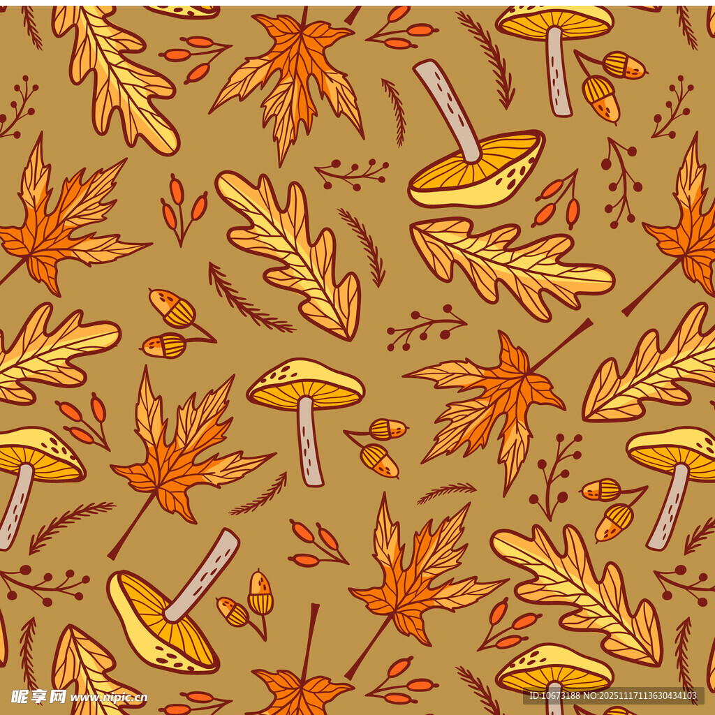 秋季落叶蘑菇图案背景