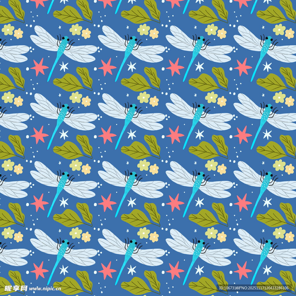 蓝色蜻蜓花卉图案背景