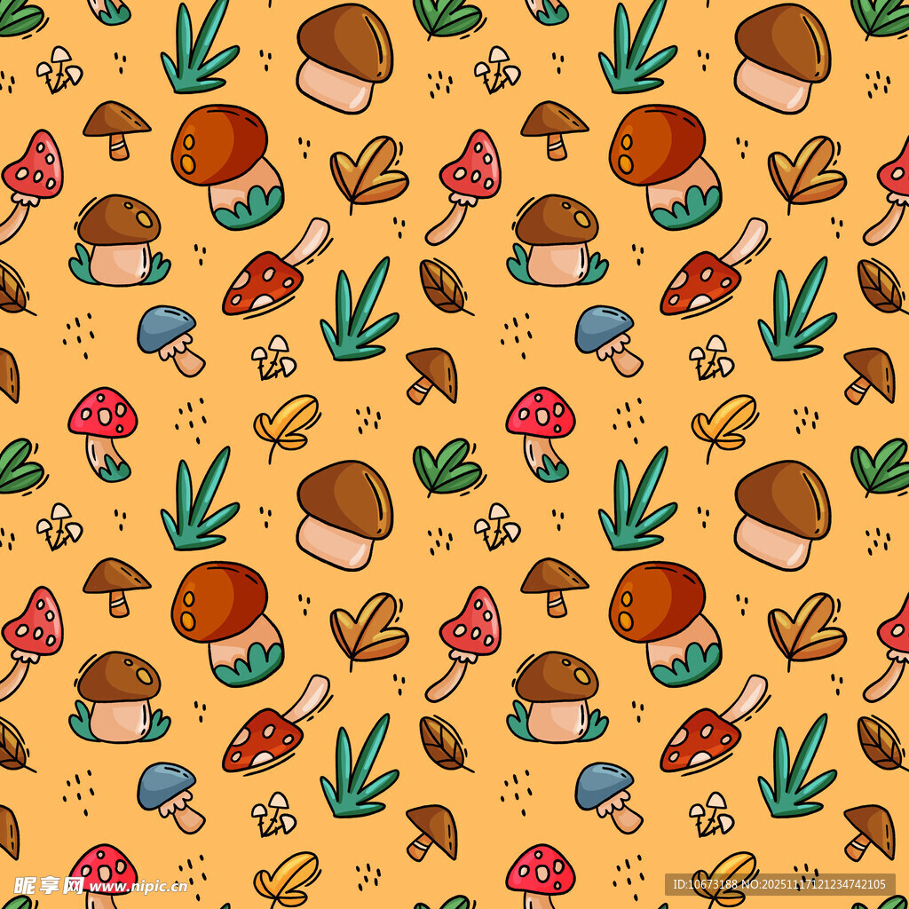 卡通风格蘑菇等元素无缝图案