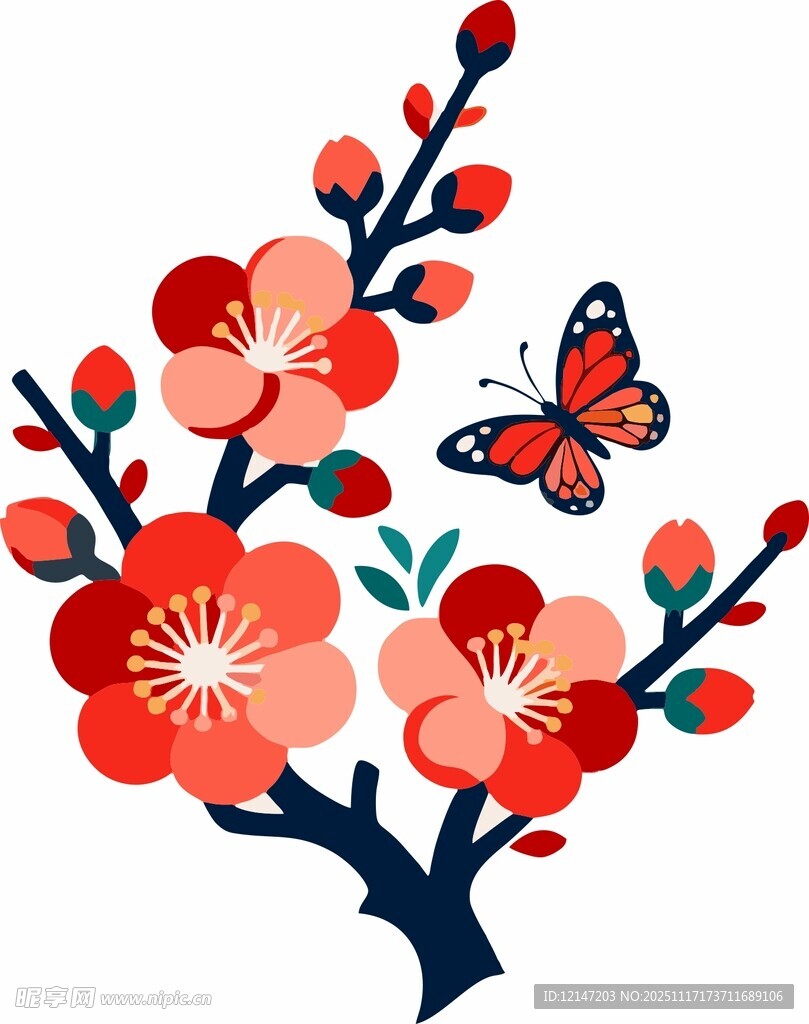 红梅枝头蝶飞舞