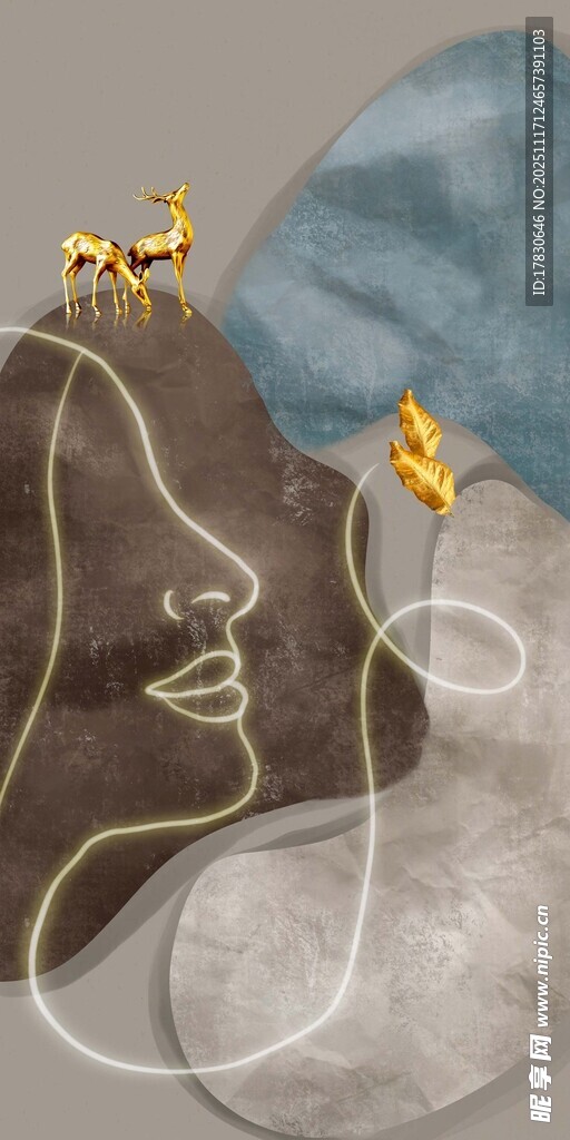 抽象人脸与金色装饰艺术图