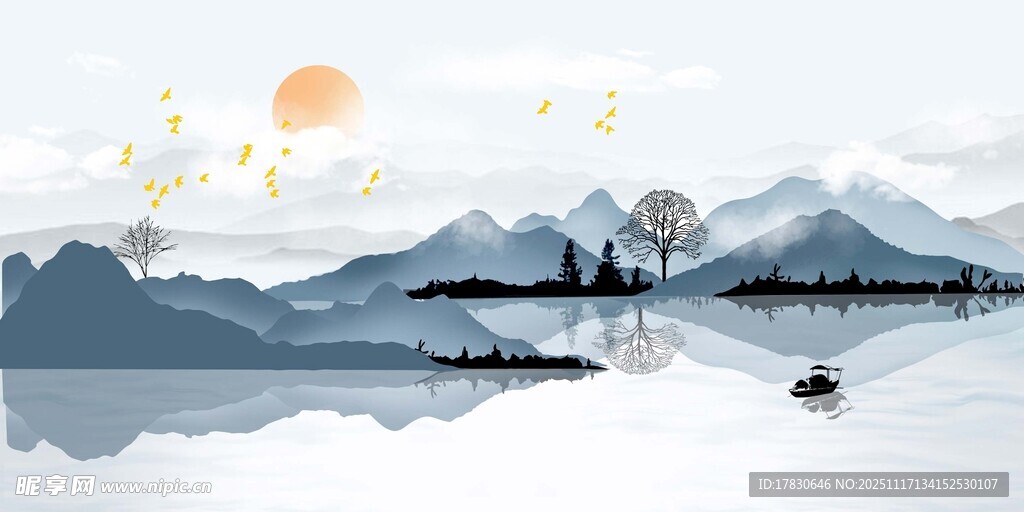 水墨山水间的悠然泛舟景