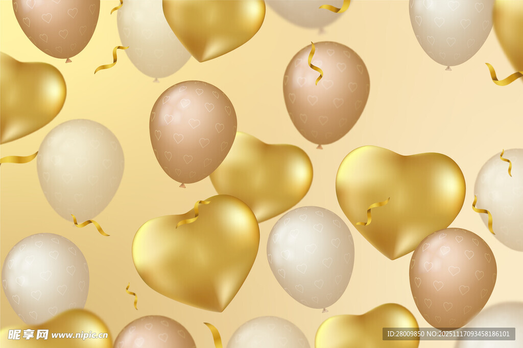 金色心形气球背景 
