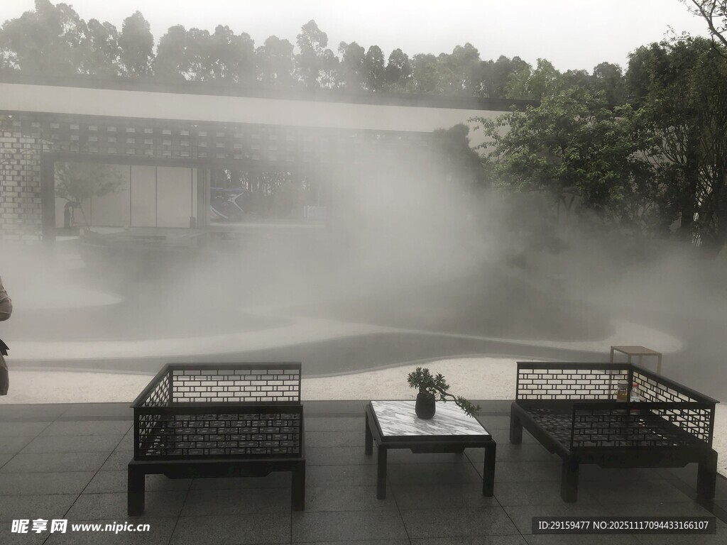 庭院雾景营造诗意氛围