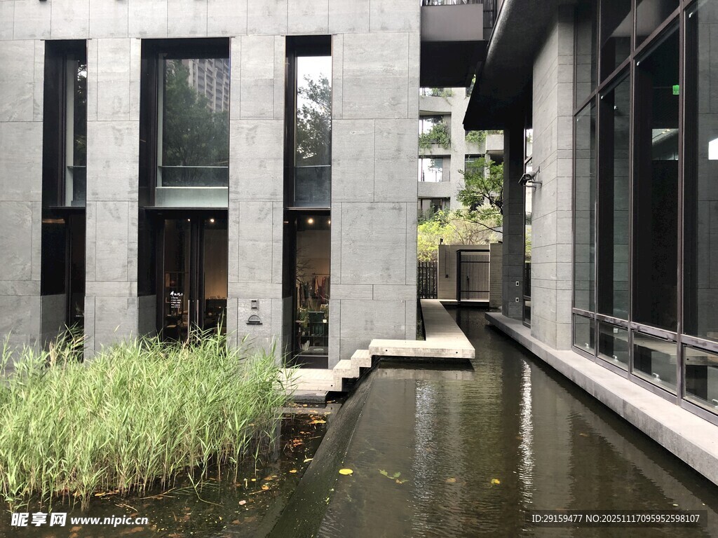 现代建筑旁的水景绿植