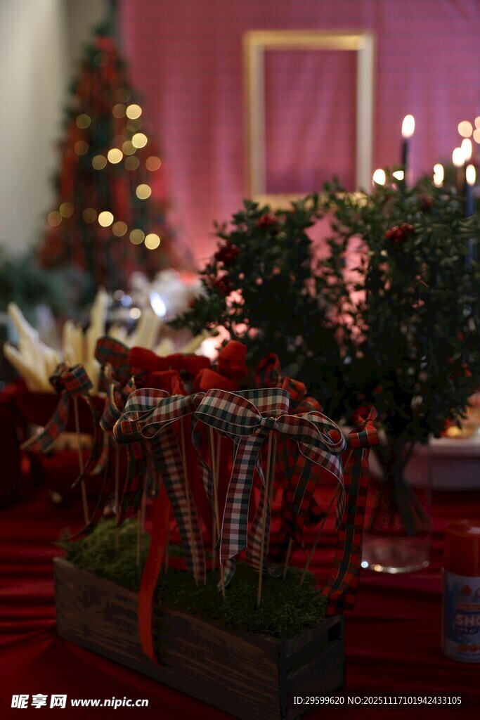 圣诞装饰绿植与节日摆件