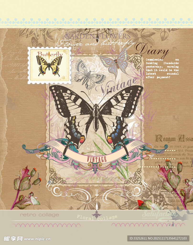 复古风蝴蝶花卉艺术插画