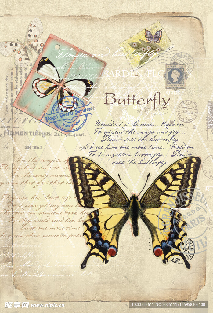 复古风蝴蝶装饰艺术插画