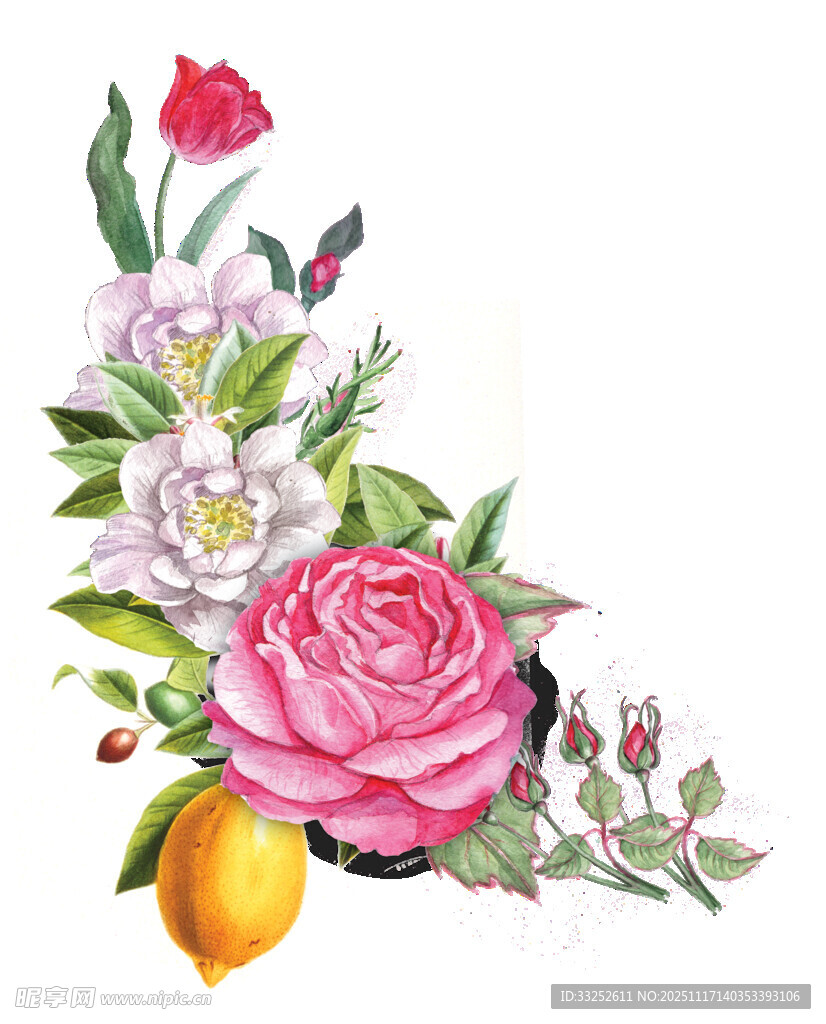 手绘花卉与柠檬装饰图案