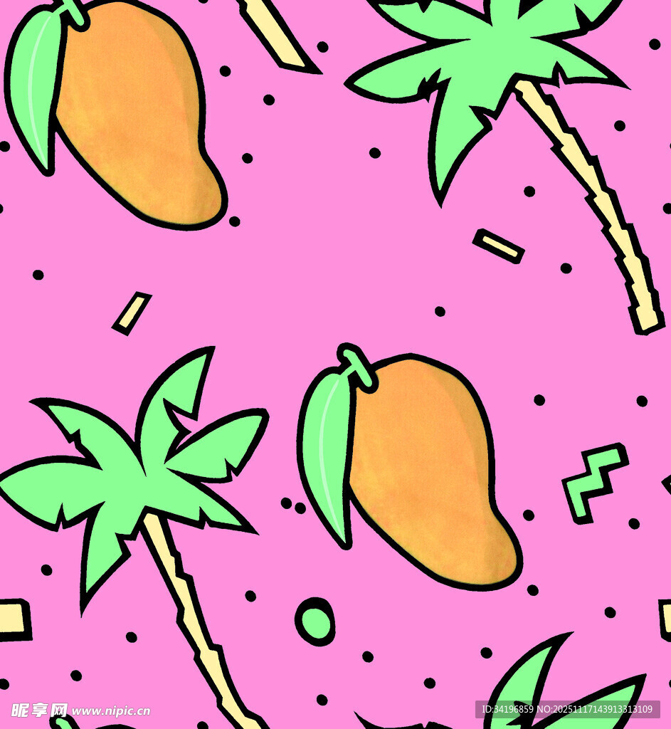 粉色背景上的芒果与棕榈树