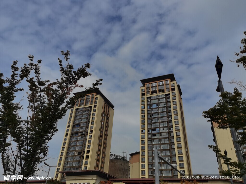 城市高楼与蓝天白云景观