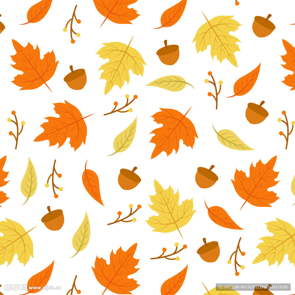 秋季落叶橡果无缝图案